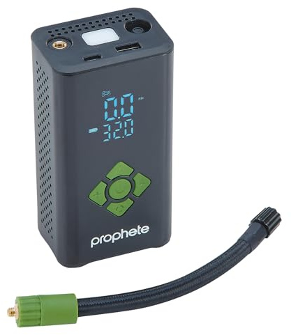 Prophete Elektrische Akkupumpe – kompakte Luftpumpe für Fahrradreifen, Bälle & Luftmatratzen – 4000 mAh Akku, 8,3 bar Maximaldruck, LED-Licht & Powerbank-Funktion, inkl. Adapter & USB-C Ladekabel