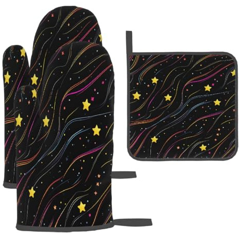 Mexpekil Topflappen und Ofenhandschuhe, hitzebeständig, gelbe Sterne und farbige Linien, Küchenhandschuh und Heizmatten, 3-teiliges Set, isolierte Ofenhandschuhe für Küche, Backen, Kochen