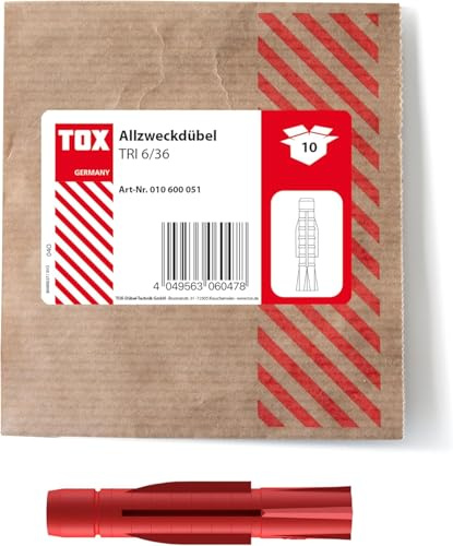 TOX 6x36 mm, Allzweckdübel TRI M, Dübel für zuverlässige Befestigungen in Fast Allen Baustoffen, 10 Stück in Einer wiederverschließbaren und umweltschonenden Papierverpackung, 010600051, Rot