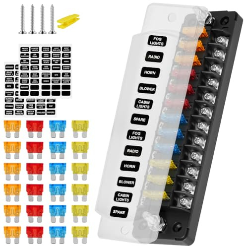 Flintronic Caja Fusibles 12 Vias, Porta Fusibles Coche con Lámpara de Alerta LED, Porta Fusibl-es Coche con 24 Fusibl-es y Pegatinas, Porta Fusible-s Plano ATC/ATO, para Coch-e, Barco, Furgoneta, SUV