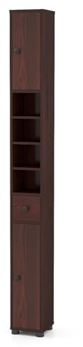 COSTWAY Badschrank schmal, Badezimmerschrank mit 2 Türen, 1 Schublade & verstellbaren Regalen, Bad Hochschrank platzsparend für Badezimmer, Wohnzimmer, 20 x 20 x 180 cm (Mit 4 Ablagen,Dunkelbraun)