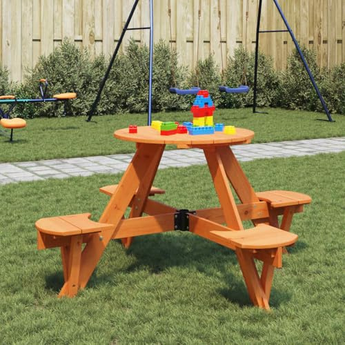 SKTQYQO Tavolo da Picnic Rotondo in Legno di Abete Massello con Foro per Ombrellone e Panche Integrate per 4 Bambini, Set 2 in 1 per Giardino e Spazi Esterni, Design Stabile