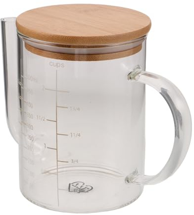 Cabilock Fettabscheiderkrug aus Glas mit Bambusdeckel 2 Tassen Fassungsvermögen mit Messskala zum Filtern von Speckfett und Genauen Messungen für Küche und Professionelle Küche