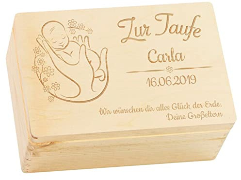 LAUBLUST Holzkiste mit Gravur - Personalisiert mit Name | Datum | WIDMUNG - Natur Größe M - Blumenbaby Motiv - Geschenkkiste zur Taufe - FSC®