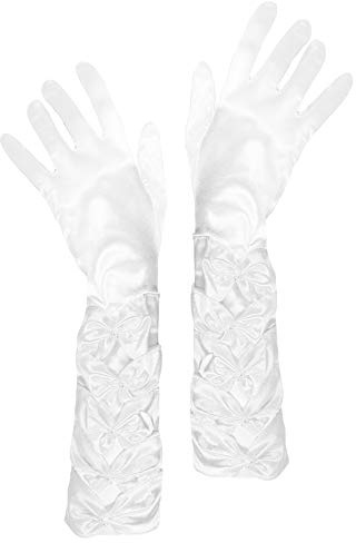 Das Kostümland Prinzessin Handschuhe mit Raffung und Perlen - Weiß - Zubehör Satin Gloves Princess Braut Hochzeit Diva Abendkleid Kostüm Karneval Junggesellenabschied Mottoparty Tanzshow