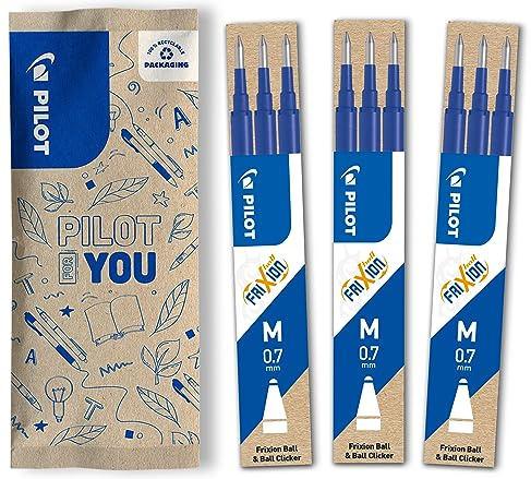 Pilot FriXion, 3 set da 3 Ricariche per penna cancellabile Frixion Ball e Frixion Ball Clicker, Refill Frixion, Colore Blu, Punta Media