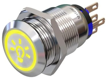 Metzler® LED Druckschalter flach mit Lichtsymbol und Rastfunktion Gelb IP67 Edelstahl Ø 19 mm 230V langlebig witterungsbeständig für Innen und Außen Auto Boot 10 Jahre Ersatzteilverfügbarkeit