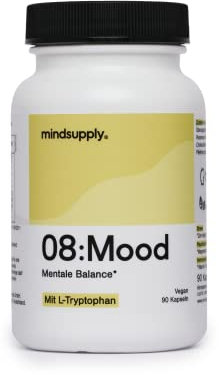 mindsupply® MOOD | 90 Anti-Stress Kapseln | Stimmungsaufheller | Serotonin-Synthese mit L-Tryptophan | Rosenwurzextrakt, Vitamin B12, B6, D & Q10 | Vegane Kapseln gegen Stress & Müdigkeit
