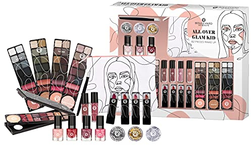 Boulevard de Beauté - Make-up und Nagel-Design Set, 82-teilig, kompakte Palette Nudetöne, 50 Lidschatten, 14 Lipgloss und 4 Lippenstift, 4 Nagellack und Highlights, Travel-Kit ideal für unterwegs