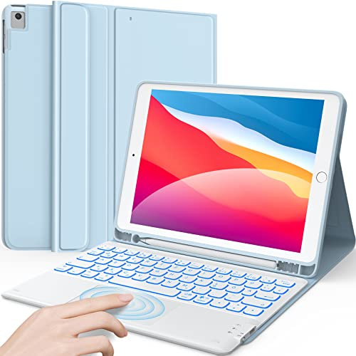 Earto Tastatur für iPad 7./8./9. Gen 10.2 Zoll, Air3, Pro 10.5 Zoll | Smart Touchpad, 7 Farben Beleuchtung, Abnehmbare QWERTZ Tastatur, Kabellos, Blau