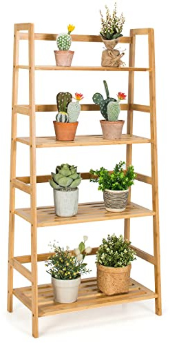 Giantex Ladder Shelf, 4 Tier Bamboo Ladder Bookshelf, 48’’ Tall Freestanding Bookcase Storage Rack Plant Stand for Living Room, Balcony, Office, Bedroom, Farmhouse Wooden Ladder Bookshelf, Natural