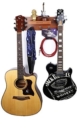 Gitarrenwandhalterung,Massivholz Gitarrenwandaufhänger mit 3 Aufbewahrungshaken und 2 drehbaren Gummi Gitarrenaufhängern,Gitarrenständer mit Ablage und Plektrum Halter