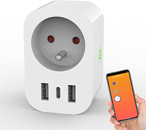 ANTELA Prise Connectée WiFi (FR) 16A avec 2 USB A et 1 USB C, Mesure de Consommation Électrique, compatible avec Alexa/Google Home, Smart Life APP