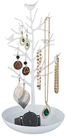 Relaxdays Schmuckständer Baum, Schmuckaufbewahrung Ketten, Ohrringe & Armbänder, HxBxT 30x16x15 cm, Schmuckbaum, weiß