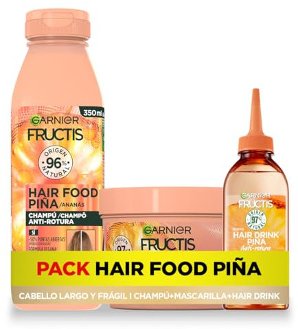 Garnier Fructis Pack Champú + Tratamiento Hair Drink + Mascarilla para Pelo Largo y Frágil, con Piña Anti-Rotura, Limpia, Desenreda y Nutre, Set de 3 Productos Veganos y Sin Siliconas