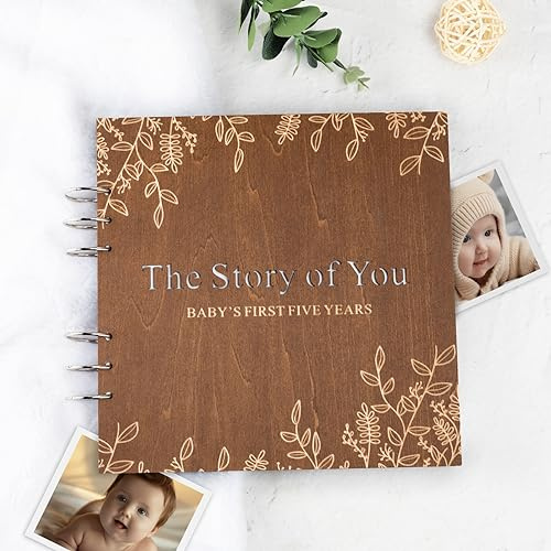 Creawoo Erinnerungsbuch für die ersten fünf Jahre des Babys aus Holz, Babytagebuch von der Schwangerschaft bis zum 5. Lebensjahr, Baby Andenken Fotobuch für neugeborene Mädchen und Jungen