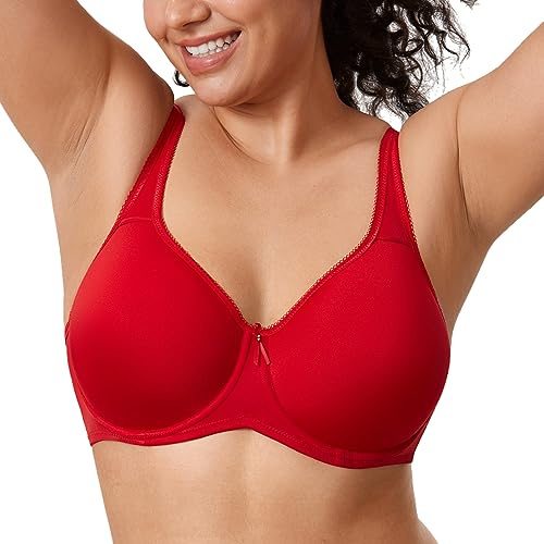 DELIMIRA Women's Seamless Tshirt Bras Plus Size Full Coverage Underwire Lightly Lined Bra Up to F Lipstick Red 32F