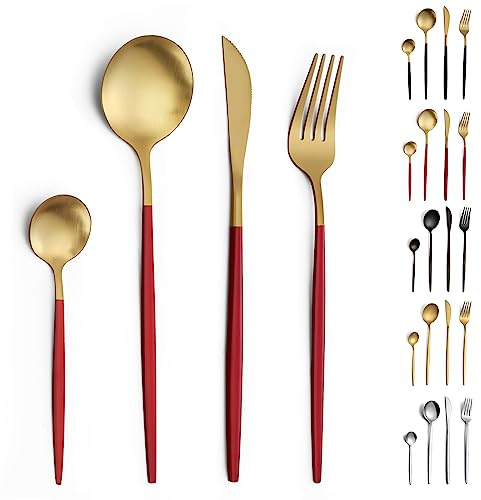 Pleafind 24 pezzi di posate per 6 persone, in acciaio inox, Set di posate oro e rosso opache con coltello, forchetta, cucchiaio, lavabili in lavastoviglie