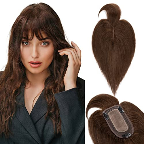 TESS Hair Topper Echthaar Braun, 7x13cm Basis Toupet Damen #4 Braun mit Pony Haartopper Echthaar 33g 25 cm Haar Topper Clip in Haarteil Extensions