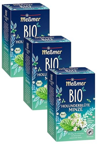 Meßmer Bio Holunderblüten Minze | 100% natürliche Zutaten | 20 Teebeutel | Vegan | Glutenfrei | Laktosefrei (Packung mit 3)