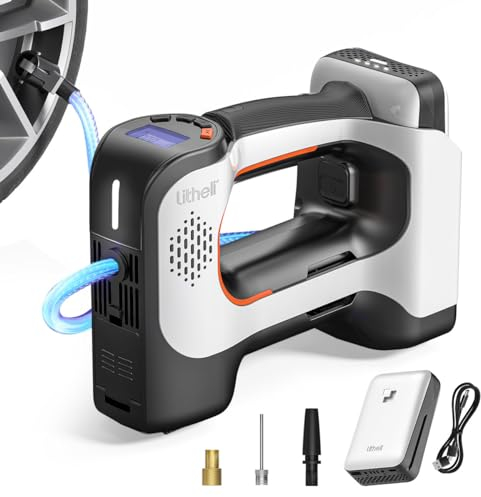 Litheli Elektrische Luftpumpe, Tragbare Akku Luftpumpe mit 10000mAh Akku Digitalanzeige und LED Kompressor, für Auto Motorräder Fahrräder Bälle