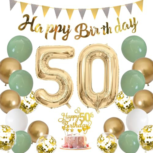 Moorle 50. Geburtstag Deko für Frau und Mann - Salbeigrüne Dekoration mit Luftballons, Party Ballons, Banner, Flaggen und Tortendeko