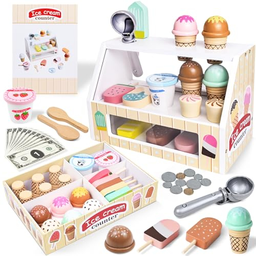 Ulikey Set Gioco Gelateria per Bambini, Gelateria Giocattolo con Cibo, Menù e Soldi per Giocare, Gelato in Legno Accessori da Cucina, Montessori Gioco di Ruolo Educativo Regalo per Ragazza Ragazzo