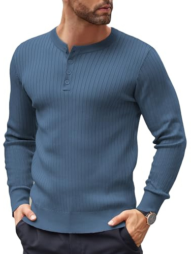 COOFANDY herrtröja Henley krage stickad tröja herr tröja med fjärdedelar knappar normal passform avslappnad tröja, Mörkblå, XL