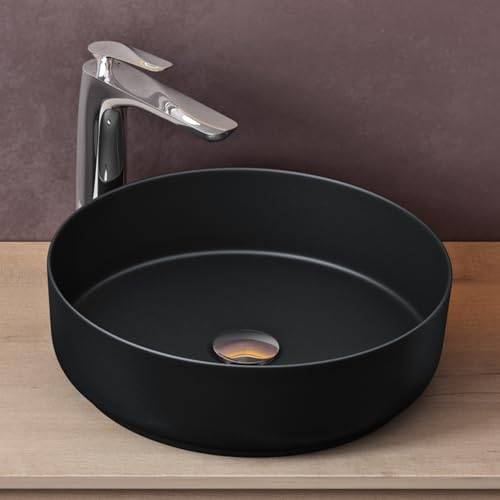 doporro Aufsatzwaschbecken Keramik Rund Waschschlae 40x40x13cm matt schwarz | Waschbecken Gäste-WC Handwaschbecken Waschtisch, NANO-Versiegelung, Vielseitig Einsetzbar, Einfache Montage, Brüssel203