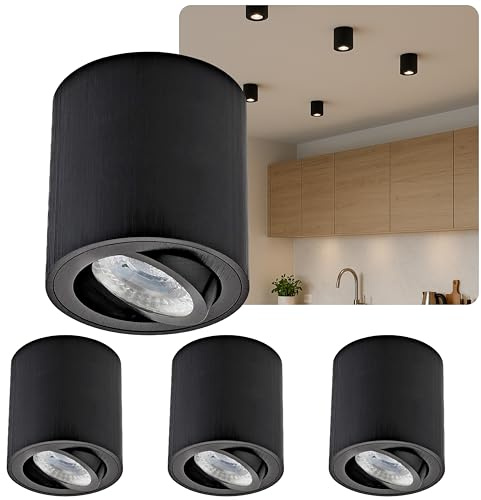 Sweet Led Aufbauspot GU10 Schwarz gebürstet – 4er Set Aluminium Deckenstrahler 230V – LED Spots deckenleuchte rund (7W warmweiß) schwenkbar, inkl. Leuchtmittel – spotlight Innenbeleuchtung