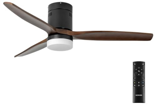 NORHES Kent Ventilador Techo Negro/Madera Oscura. 3 Aspas Ø132cm. Luz Led 20W Neutra/Cálida/Extra Cálida. Motor DC. Verano/Invierno. 6 Velocidades. Control Remoto Temporizador. Silencioso. Brisa