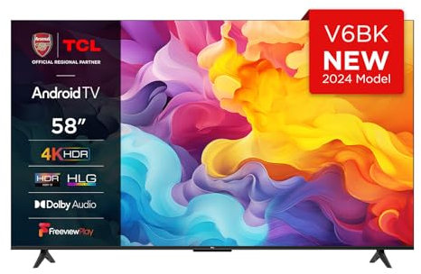 TCL 58V6BK 58-inch 4K Ultra HD, HDR TV, Smart TV Powered by Android TV (Dolby Audio, Voice Control, Compatible with Google Assistant, 2024 New Model)
