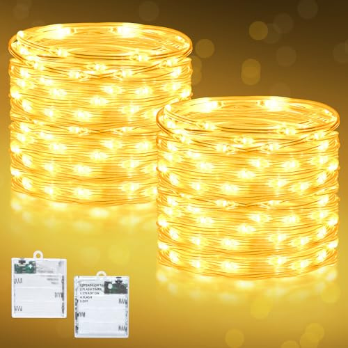 Dalugo Catena luminosa a batteria 5 modalità, 5m 50 LED Catena luminosa con timer, 2 pezzi Catena luminosa bianco caldo per interni per Natale, camera da letto, feste, matrimoni