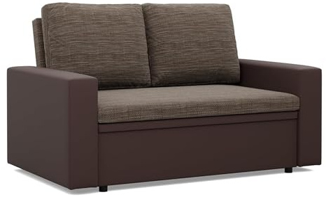 Mebligo - Zweisitzer Sofa Wohnzimmer mit Schlaffunktion, Bettkasten und Kunsteleder 148x90x87 (BxHxT) Braun Luna, Schlafsofa Platzsparend, Schlafcouch, Sofabett, Sofa Bed, Bettsofa