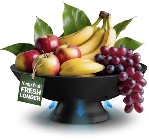 Grand bol à fruits en bois avec trous de ventilation – Bol sur pied rond en bambou pour comptoir de cuisine et centre de table – Corbeille à fruits profonde en bois pour produits frais, pain, salade
