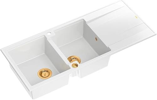 QUADRON Evier double blanc, EVAN 121 GraniteQ, Evier de cuisine, 2 bacs en granit en 1160 x 500 x 210 mm, Evier ouvert Push 2 avec siphon avec égouttoir, éléments en cuivre PVD