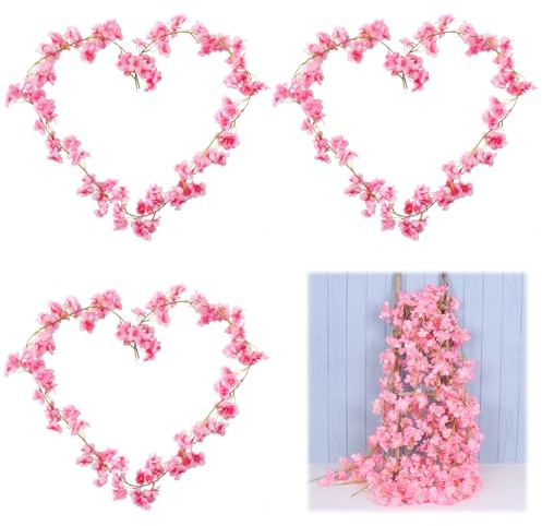 YCHYAN 3 Stück Künstliche Kirschblüten Girlande, 1.8 m Hängende Emulation Kirschblüten Deko, Hochzeit Party Bogen Dekoration, Geeignet für Outdoor und Indoor Hochzeitswanddekorationen (Rosa)