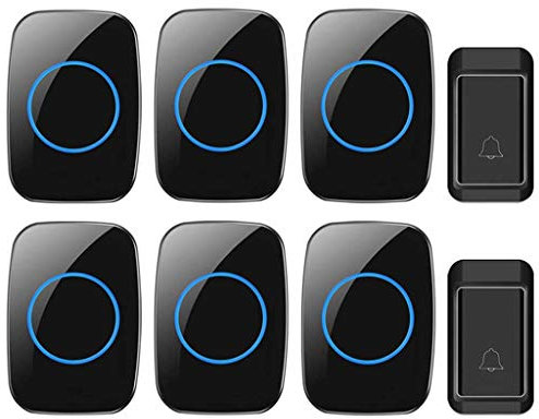WOTZOV Timbre inalámbrico Resistente al Agua, 2 transmisores, 6 receptores, Timbre inalámbrico enchufable con 38 melodías Musicales, Flash Inteligente, antiinterferencias, alcan,Negro