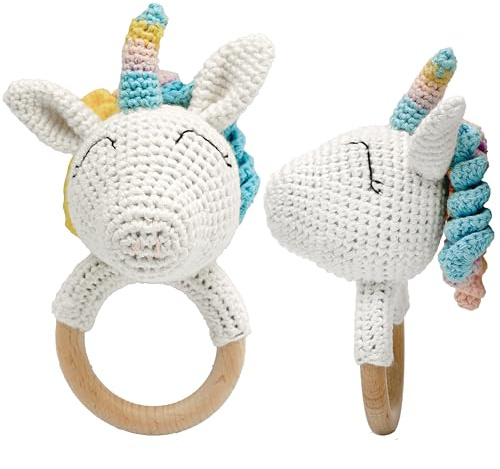 Beißring Baby Einhorn gehäkelt aus Holz – Handgemachte Rassel – Montessori Greifling – Geschenk zur Geburt für Mädchen & Jungen – Little Hoodies