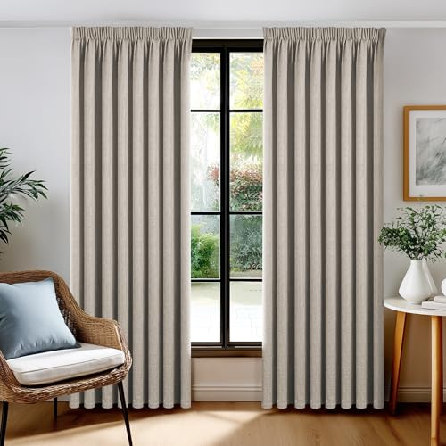 Deconovo Leinen Verdunklungsvorhang mit Kräuselband, 100% Blickdicht, Thermo & Schallschutz, Leinenoptik Blackout Gardine für Wohnzimmer, H229 x B140 cm, Dunkel Leinen, 2er Set