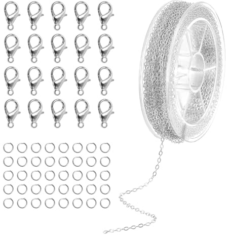 10m Schmuckkette Gliederkette Meterware Silber Gliederkette Schmuckherstellung Zubehör Kit Kettenband mit 20 Karabinerverschluss 40 Biegeringe Ketten Selber Machen Set für Schmuck Basteln DIY