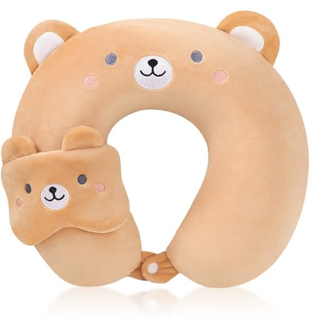 BEKKLPOU Cuscino Da Viaggio 2 In 1 Per Bambini, Cuscino A Forma Di U Dei Cartoni Animati, Cuscino Da Viaggio Per Il Collo Perauto, Aereo, Ufficio, Casa (Orso bruno)