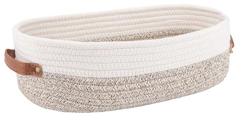 Aufbewahrungskorb, Geflochtener Korb aus Baumwollseil mit Ledergriffen, Waschbarer Korb Aufbewahrung, Körbe Geflochten Geschenkkorb, Boho Deko Basket für Wohnzimmer Badezimmer Kinderzimmer 33x15x10