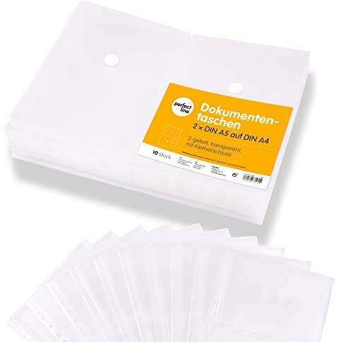 perfect line – 10 Dokumententaschen DIN A4, Sammelmappe mit Klettverschluss, 2-geteilt, transparente Dokumentenmappe, stabile Sichthüllen aus PP, reißfest, robust, abheftbar