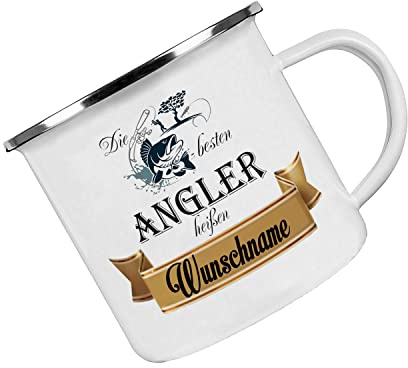 Crealuxe Emaille Tasse personalisiert 'Die besten Angler heißen', Becher mit Name und Spruch, Camping Tasse