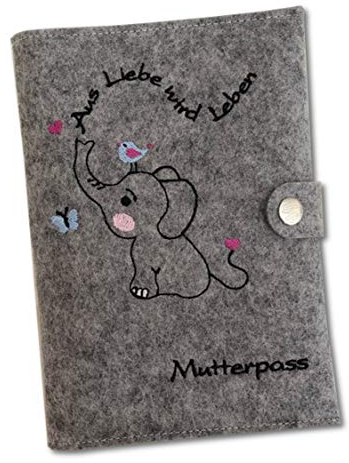 Goldi-Design mutterpass schutzhülle Elefant mit extra Fächern und Lasche mit Druckknopf aus 100% Wollfilz - grau meliert