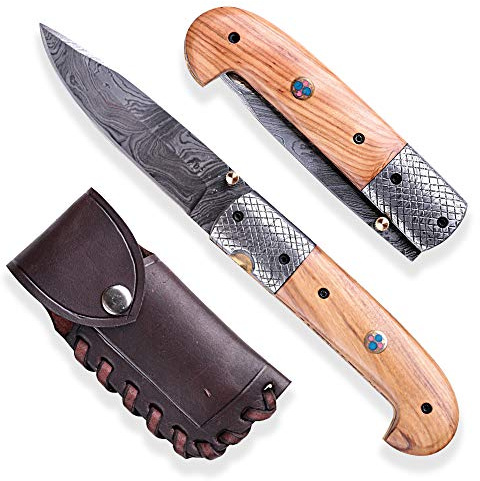 DELLINGER Olive Sentinell & Damast Taschenmesser & Klappmesser & Damaststahl Messer & Outdoor Damastmesser Folder Knife 9,5cm Klinge