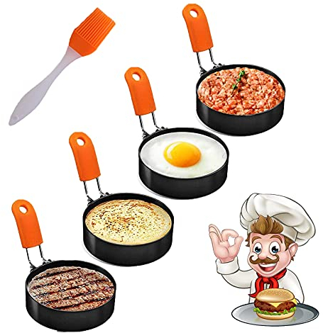 Cozii 4 Pack Stainless Steel Egg Ring Molds with Anti-scald Handle and Oil Brush Non Stick Circles for Fried Egg McMuffin Sandwiches, Frying, Breakfast Household Kitchen Cooking Tool Omelette