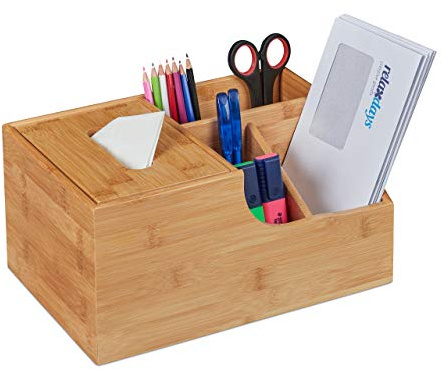 Relaxdays Büro Organizer mit Tücherbox, 4 Fächer, Bürobedarf & Kosmetik, Bambus Stiftehalter HxBxT: 14x29x19,5 cm, Natur