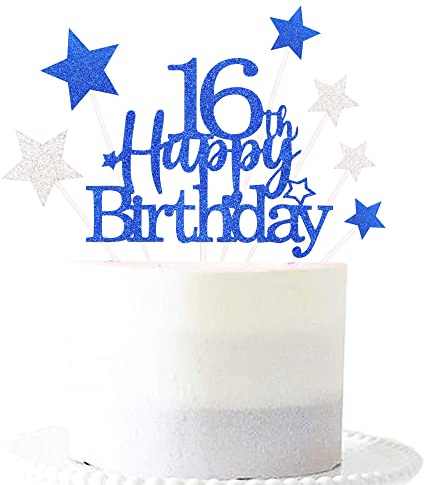 Pargleev Royal Blue 16th Birthday Cake Topper with Glittery Stars | 7-piece Royal Blue 16th set: 1 glittery 'Happy Birthday' topper + 6 star cupcake toppers; just place on the cake